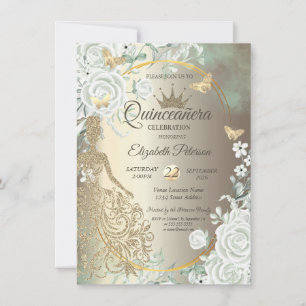 Glitter Dress,Butterfly Green Roses Quinceañera Invitation