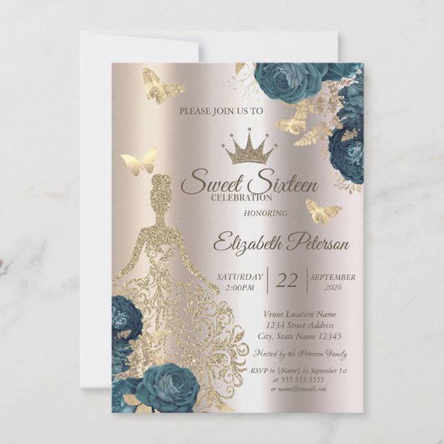 Glitter Dress,Butterfly Green Roses Sweet 16 Invitation (Front)