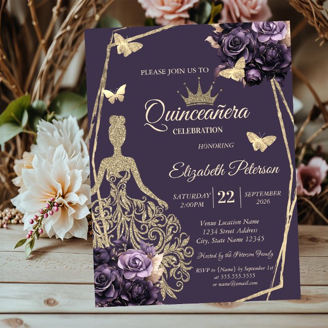Glitter Dress,Butterfly Purple Roses Quinceañera Invitation (Creator Uploaded)
