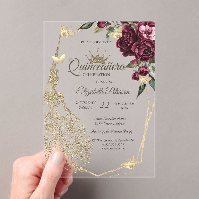 Glitter Dress,Butterfly Roses Burgundy Quinceañera Acrylic Invitations (Insitu (Handheld))