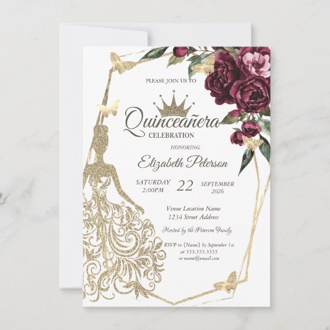 Glitter Dress,Butterfly Roses Burgundy Quinceañera Invitation (Front)
