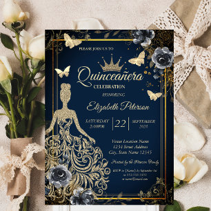 Glitter Dress,Butterfly Roses Navy BlueQuinceañera Invitation