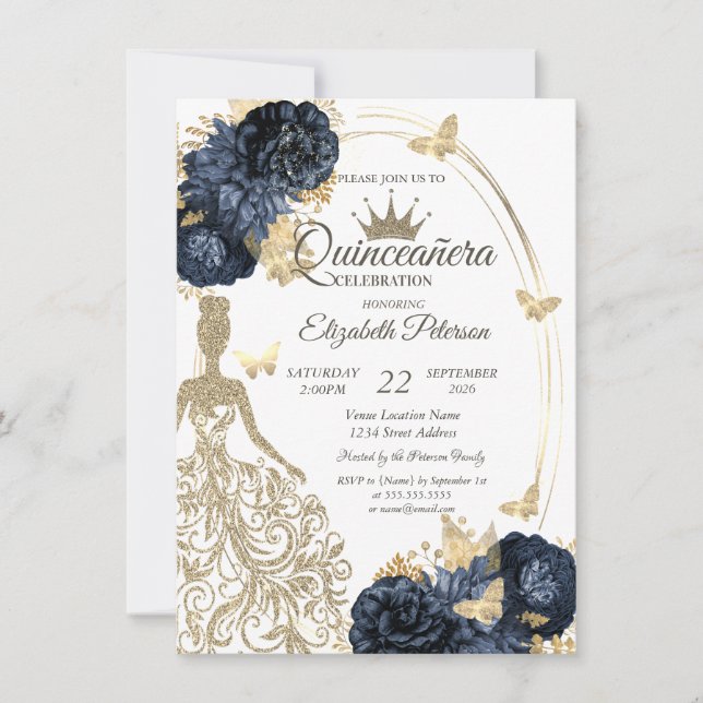 Glitter Dress,Butterfly Roses Navy BlueQuinceañera Invitation (Front)
