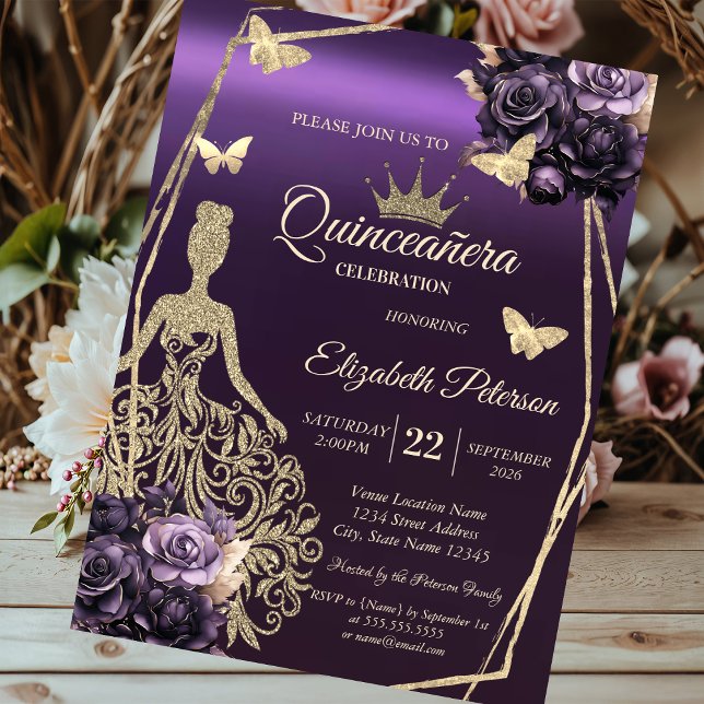 Glitter Dress,Butterfly Violet Roses Quinceañera Invitation (Creator Uploaded)