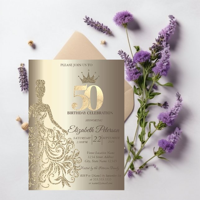 Glitter Dress, Diamonds Champagne 50th Birthday Invitation (Creator Uploaded)