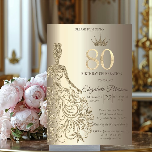 Glitter Dress, Diamonds Champagne 80th Birthday Invitation (Creator Uploaded)