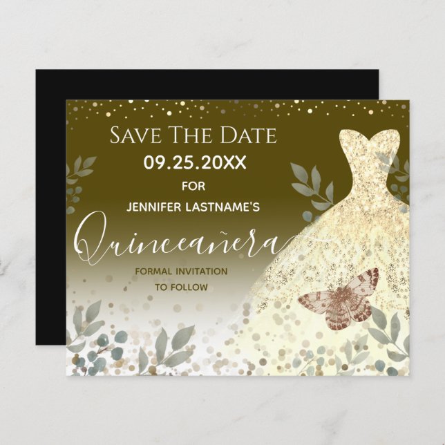 Glitter Dress Floral Quinceanera Save the Date (Front/Back)