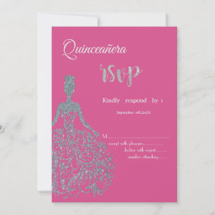 Glitter Dress Fuschia Quinceanera RSVP Invitation