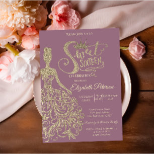 Glitter Dress Girl Tiara, Diamonds  Sweet 16 Invitation
