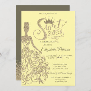 Glitter Dress Girl Tiara,Gold Diamonds Sweet 16 Invitation