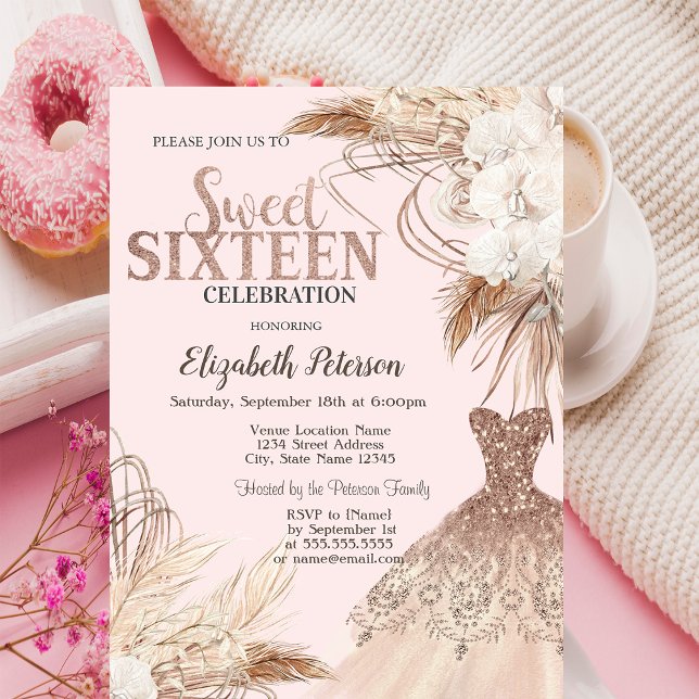 Glitter Dress,Pampas Grass,Boho Flowers Sweet 16   Invitation (Creator Uploaded)