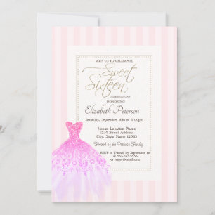 Glitter Dress Pink Stripes Sweet 16 Invitation