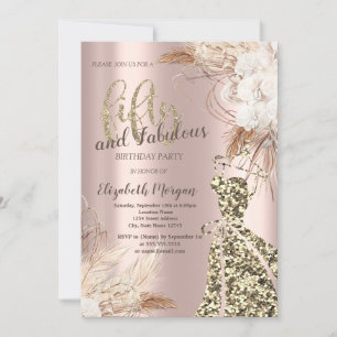 Glitter Dress, Rose Gold Boho Flower 50th Birthday Invitation