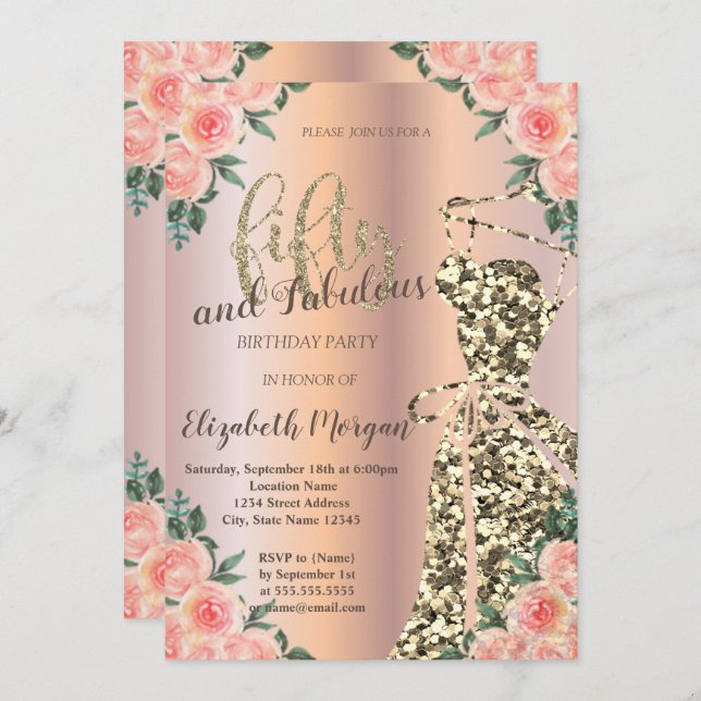 Glitter Dress, Rose Gold Floral 50th Birthday Invitation (Front/Back)