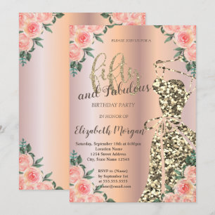 Glitter Dress, Rose Gold Floral 50th Birthday Invitation
