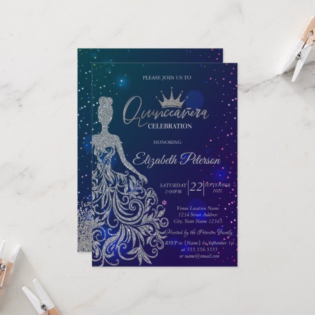 Glitter Dress,Tiara,Blue Stars  Quinceañera Invitation (Front/Back In Situ)