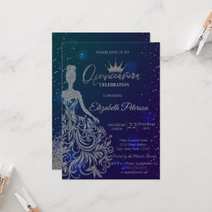Glitter Dress,Tiara,Blue Stars  Quinceañera Invitation