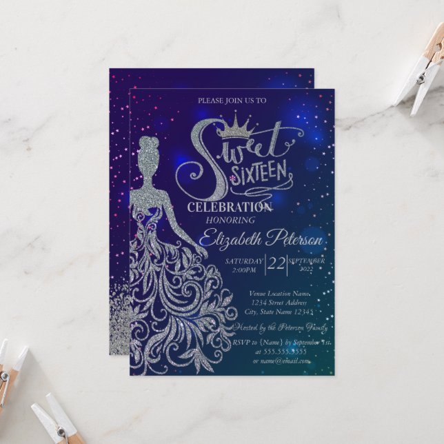 Glitter Dress,Tiara,Diamonds Blue Stars Sweet 16 Invitation (Front/Back In Situ)