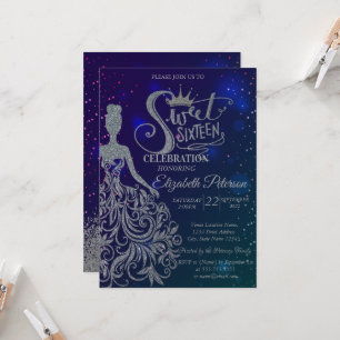 Glitter Dress,Tiara,Diamonds Blue Stars Sweet 16 Invitation