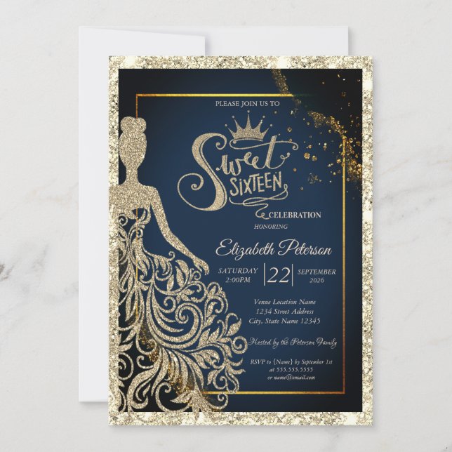 Glitter Dress,Tiara Navy Blue Gold Glitter Invitation (Front)