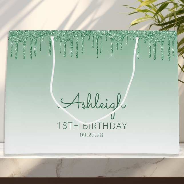 Glitter Drip 18th Birthday Green Large Gift Bag (Creator Uploaded)