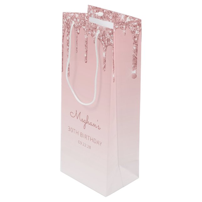 Glitter Drip 30th Birthday Pink Wine Gift Bag (Front Angled)