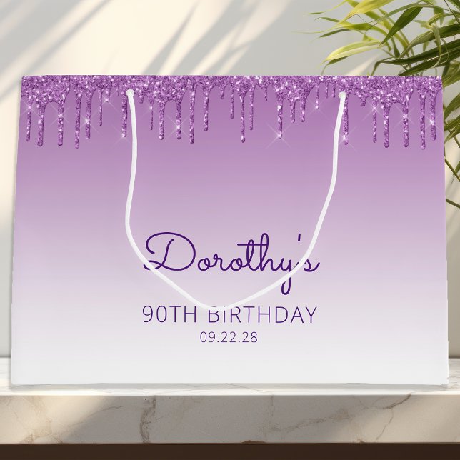 Glitter Drip 90th Birthday Purple Large Gift Bag (Creator Uploaded)