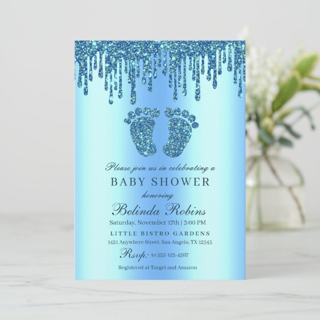 Glitter Drip Blue Baby Feet Baby Shower Invitation (Standing Front)