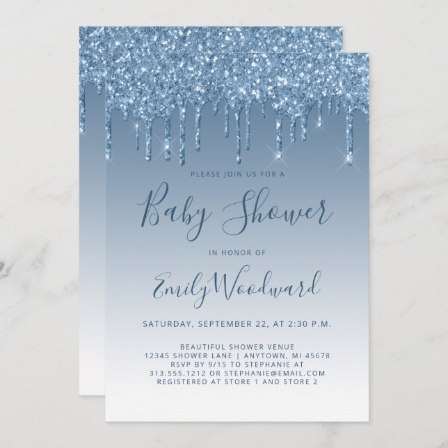 Glitter Drip Blue Baby Shower Invitation (Front/Back)