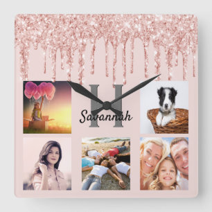 Glitter drip custom photo collage pink rose gold square wall clock