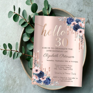 Glitter Drip Dress Blue Flowers 30th Birthday  Invitation