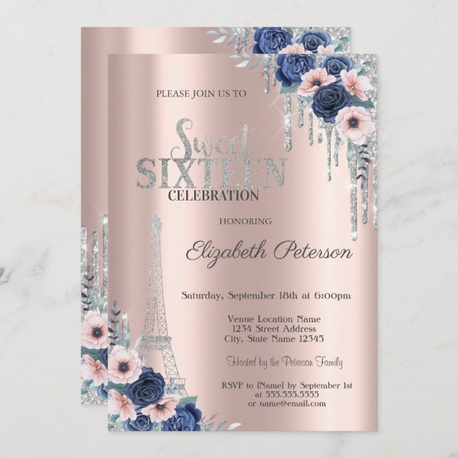  Glitter Drip,Eiffel Tower Blue Roses Sweet 16  Invitation (Front/Back)