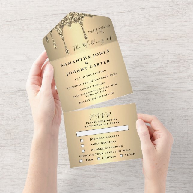 Glitter Drip Gold Sparkle RSVP Elegant Wedding All In One Invitation (Tearaway)