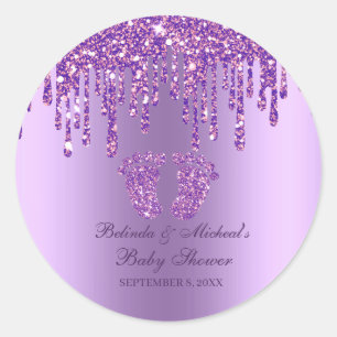 Glitter Drip Purple Baby Feet Baby Shower  Classic Round Sticker