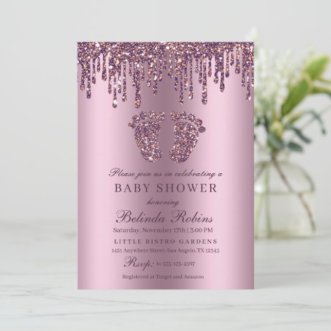 Glitter Drip Purple Baby Feet Baby Shower Invitation (Standing Front)