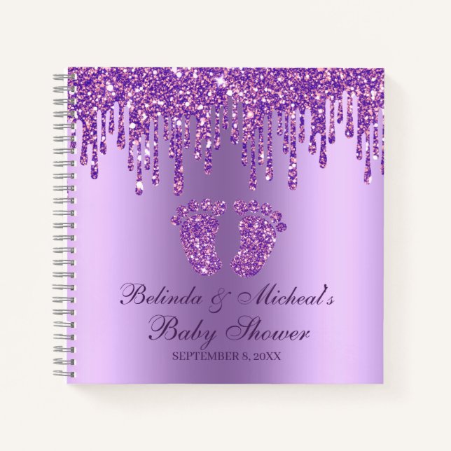 Glitter Drip Purple Feet Baby Shower Guestbook Notebook (Front)