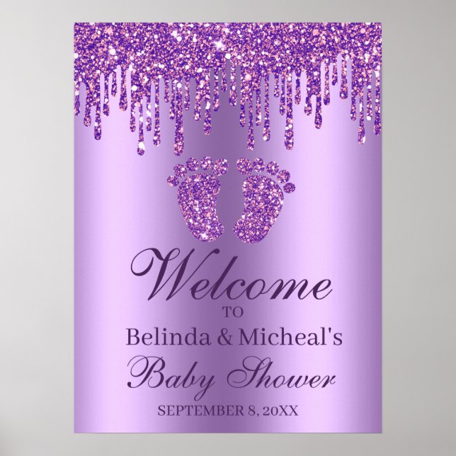 Glitter Drip Purple Feet Baby Shower Welcome Sign (Front)