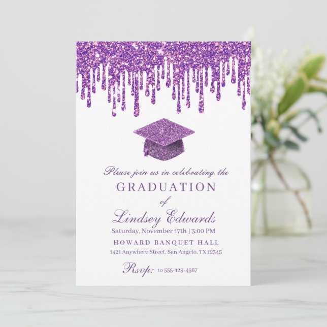 Glitter Drip Purple Graduation Invitation (Standing Front)