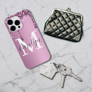 Glitter Drip Rose Blush Girly Pink Monogram Name Case-Mate iPhone 14 Pro Max Case