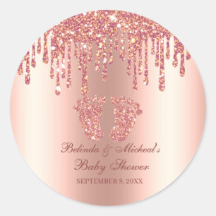 Glitter Drip Rose Gold Baby Feet Baby Shower Classic Round Sticker