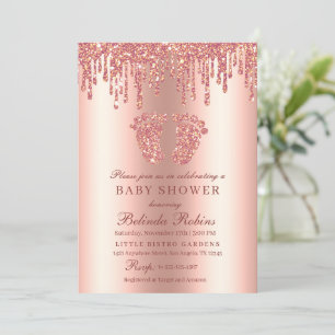 Glitter Drip Rose Gold Baby Feet Baby Shower Invitation