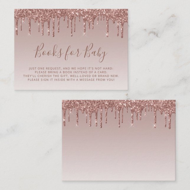 Glitter Drip Rose Gold Baby Shower Book Enclosure Card (Front/Back)