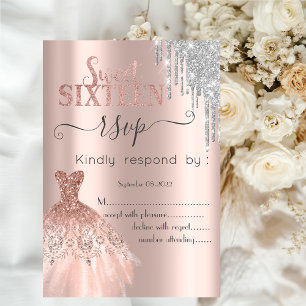 Glitter Drip Rose Gold Dress Sweet 16 RSVP   Invitation