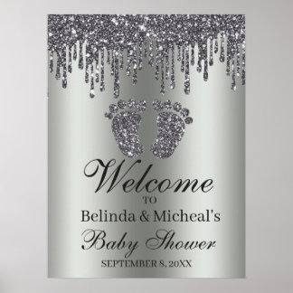 Glitter Drip Silver Feet Baby Shower Welcome Poster