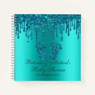Glitter Drip Teal Feet Baby Shower Guestbook Notebook