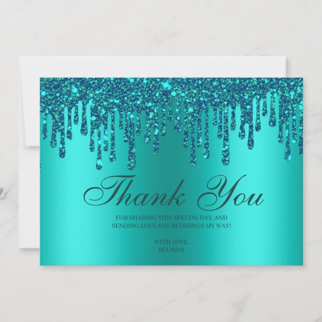 Glitter Drip Teal Green Baby Feet Thank You Card (Front)