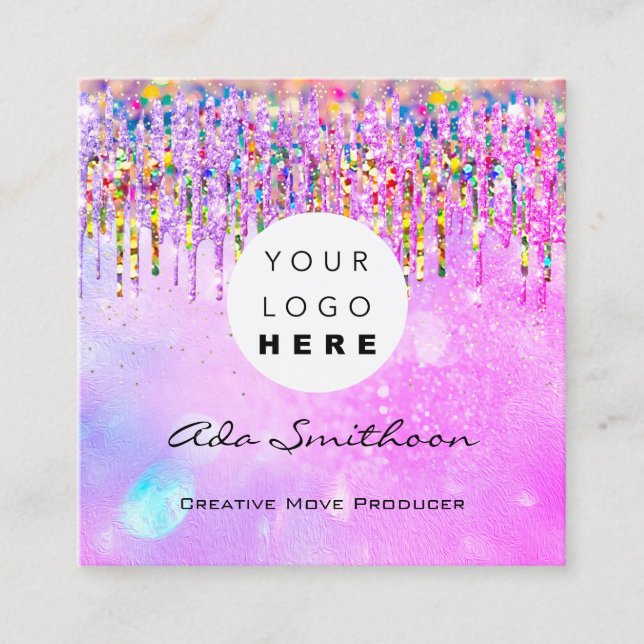 Glitter Drip Unicorn Rainbow Holograph QRCodeLogo  Square Business Card (Front)