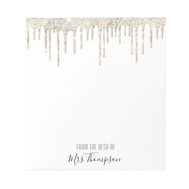 Glitter Drippings Gold White Name Script Glam Notepad (Front)