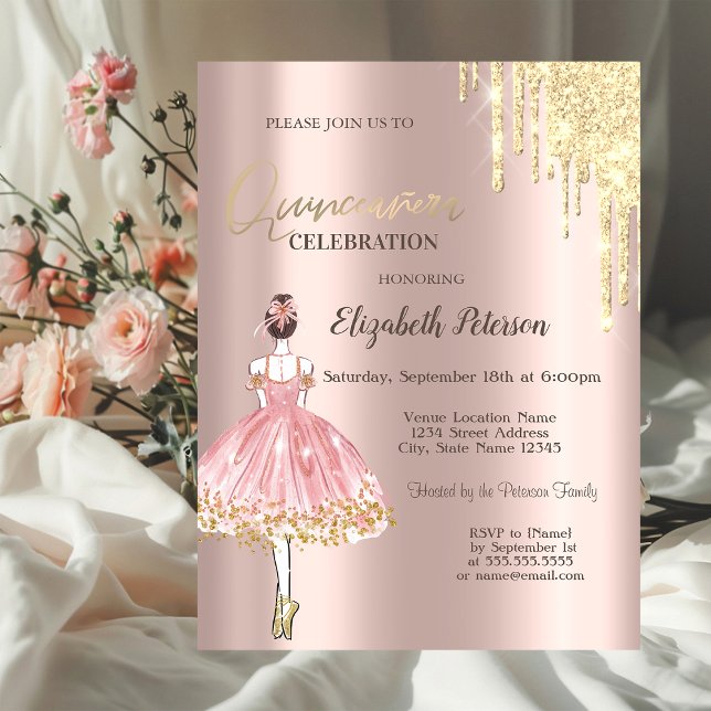 Glitter Drips,Ballerina,Rose Gold  Quinceañera Invitation (Creator Uploaded)