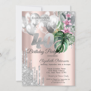 Glitter Drips Balloons Tropical Flowers 40th  Invitation